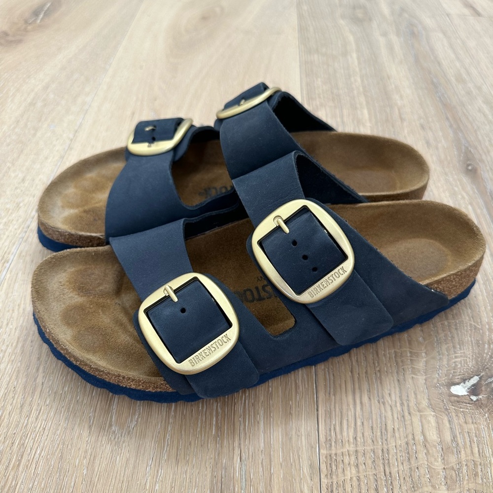 Navy blue gold big buckle Arizona Birkenstocks